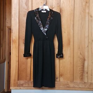 Vintage St John 1970's Knit Formal Holiday Cocktail Party Midi Dress, XS, Black